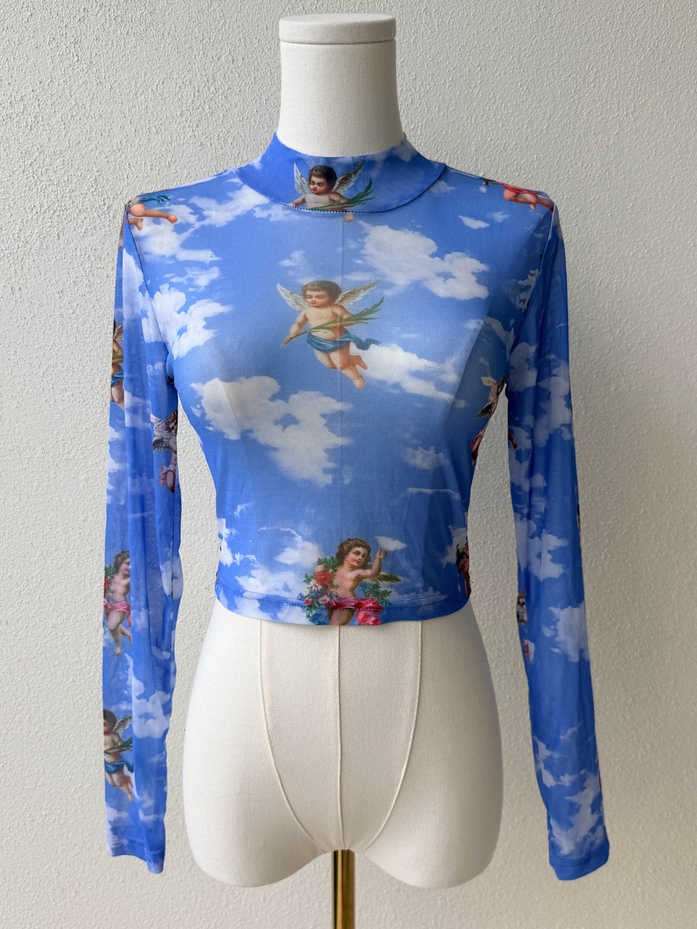 Mesh, Blue, Angel Print, Long-Sleeve Mock Neck, Crop Top, small, like new